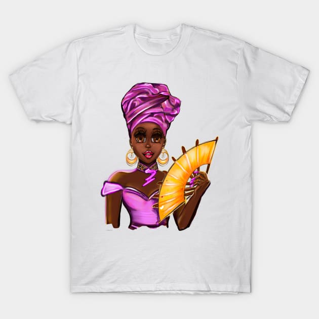 Queen Black is beautiful Anime Manga black girl with Purple headdress, necklace, earrings, gold dress and head wrap, brown eyes and dark brown skin ! T-Shirt by Artonmytee